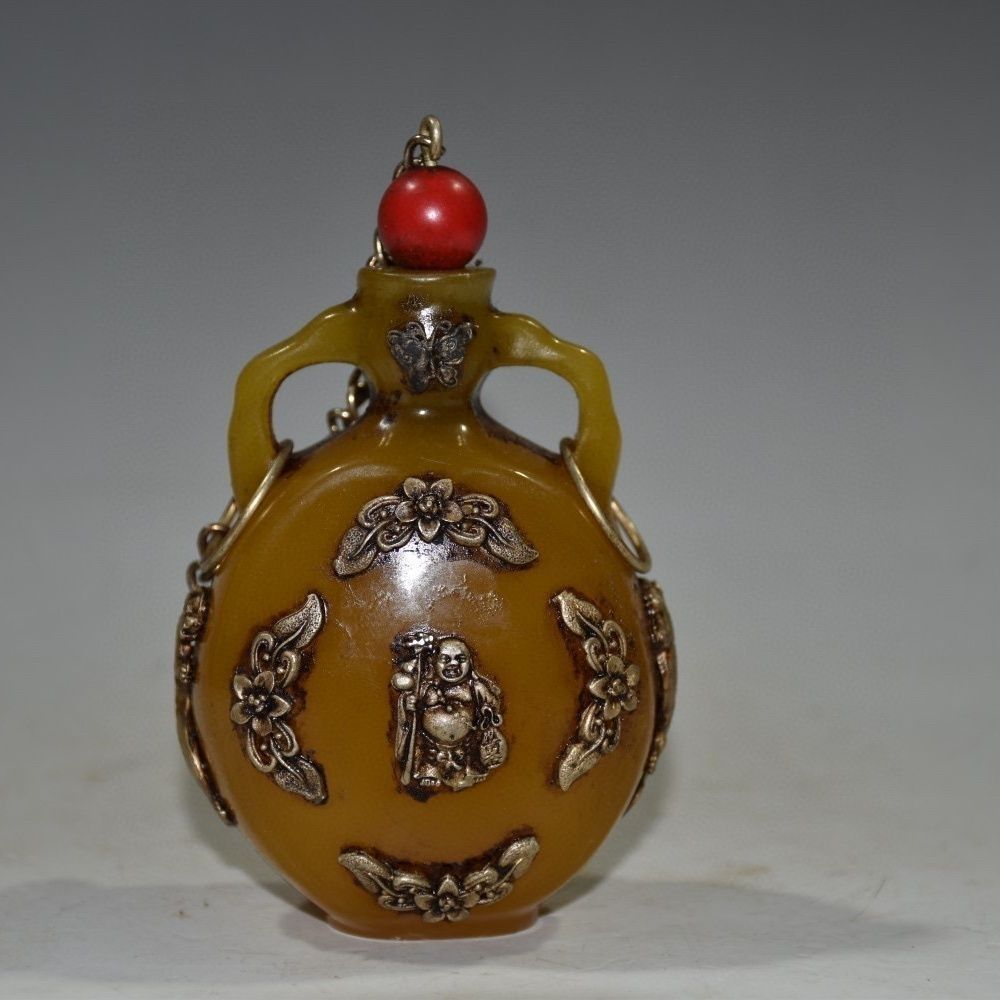 Vintage Collectible Bottles - ขวดสูดดมอำพันแกะสลักแบบโบราณ ของสะสม รูปเทพแห่งอายุยืน งานฝีมือประณีต