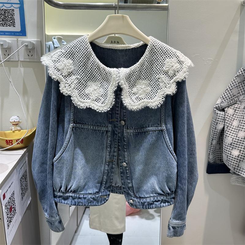 Vintage Toy Collector - ผู้หญิงฤดูใบไม้ผลิฤดูใบไม้ร่วงใหม่สไตล์เกาหลี DENIM แจ็คเก็ตตุ๊กตาลูกไม้ Patchwork แฟชั่นเสื้อแจ็คเก็ตสั้นด้านบน